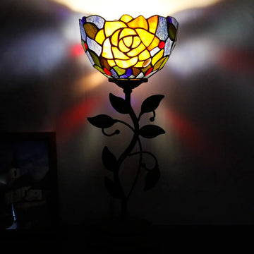 WERFACTORY Small Tiffany Table Lamp 8" Stained Glass Rose Style Shade 19" Tall Antique Vintage Metal Leaf Base Mini Bedside Accent Desk Torchiere Uplight